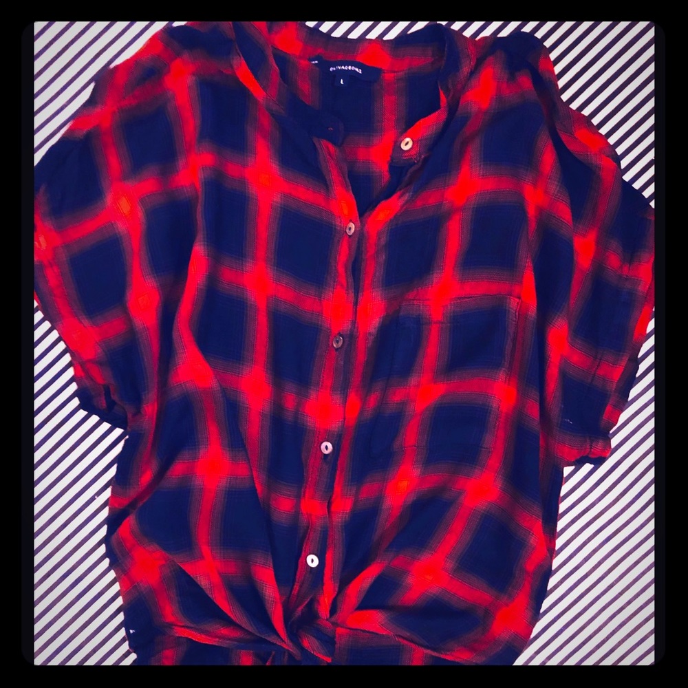 Plaid red and black button up top